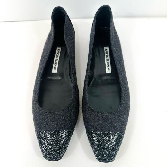Manolo Blahnik Grey Wool Cap Toe Stingray Ballerina Square Toe Flats EU 40 US 10 - Picture 1 of 14